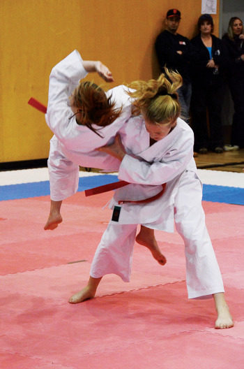 One of the teams of 14-15 year-old girls, who came up from Nanaimo to participate in the 10th annual Challenge Cup, perform a demonstration of team kata for the crowd between other events.— Image Credit: Mike Davies/The Mirror